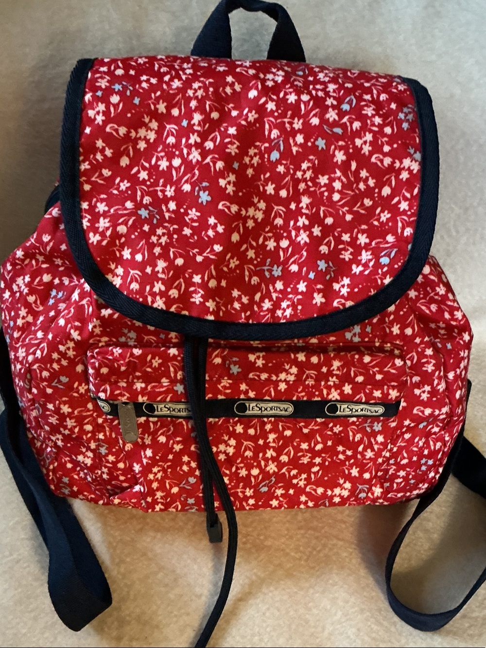 LeSportsac Red Floral Drawstring Backpack with Navy Trim